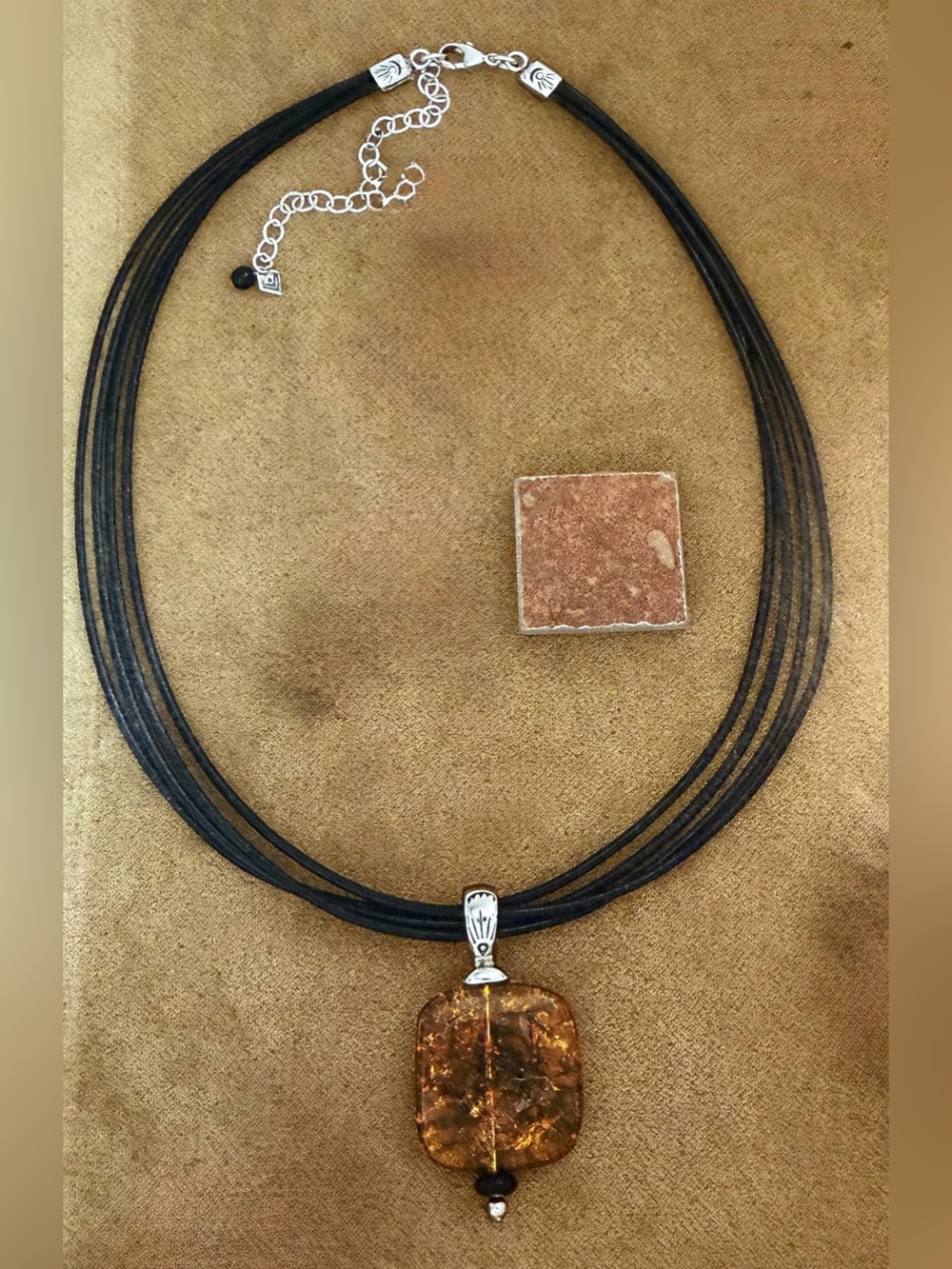 Silpada Vintage Sterling 4-Strand Leather Amber Pendant w/Onyx Beads Necklace - Picture 15 of 15
